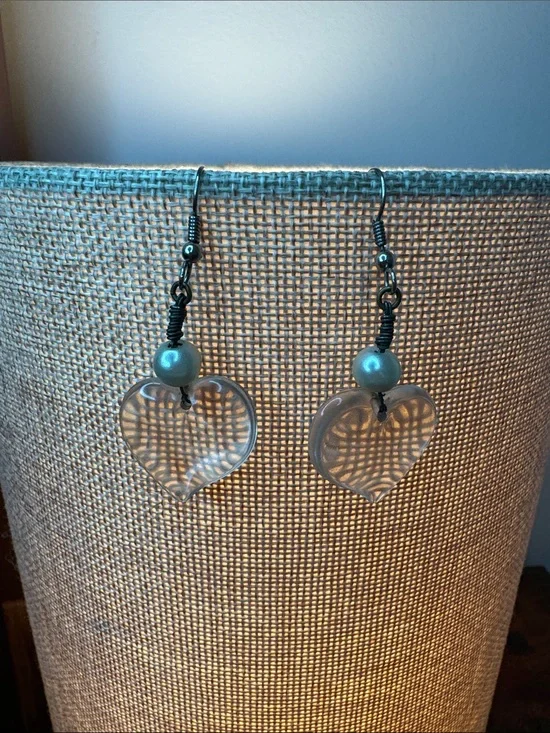 Vintage Blue Pearl Heart Drop Earrings