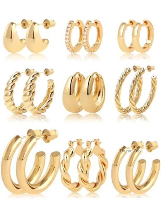 9 Pairs Chunky Twisted Huggie Hoop Earrings Set 14K Real Gold Plated