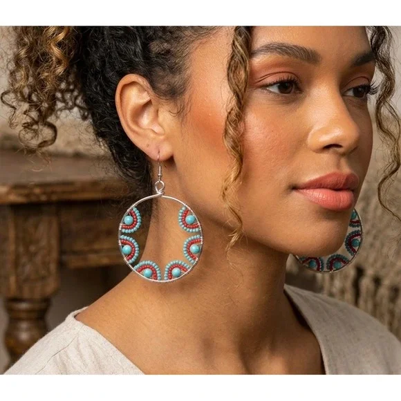 Paparazzi Boho Beaded Hoop Earrings‎ Silver Turquoise Red Southwestern NWT