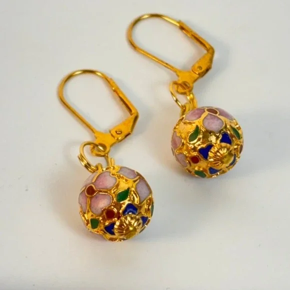 Vintage Cloisonne Dangle Earrings Gold Floral Enamel Glass Bead Boho Chic