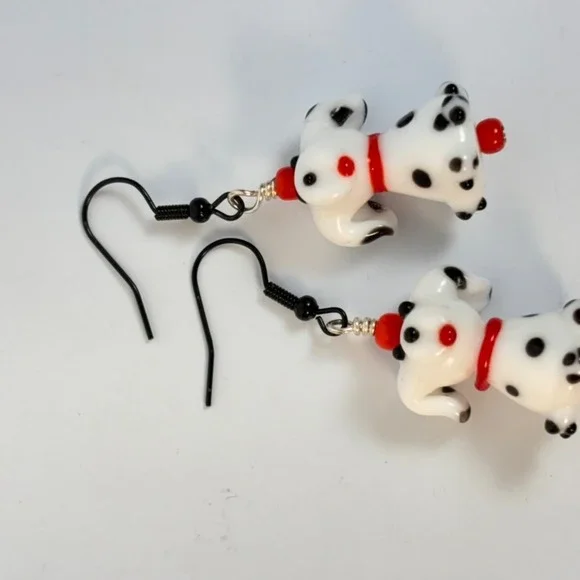 Handmade Dalmatian Dog Earrings White Art Glass Lampwork Whimsygoth Boho Chic