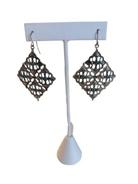 Antique Style Silver Toned Filigree Diamond-Shaped Earrings w/Turquoise Accents.