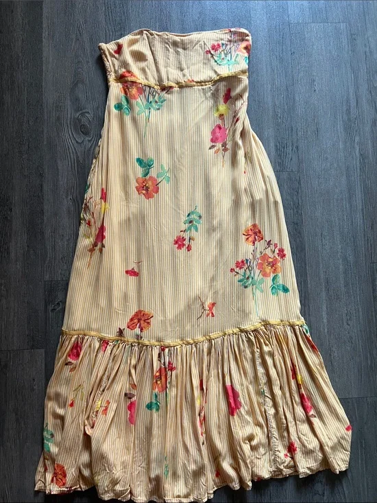 Free People Strapless Floral Ruffle MIDI Dress in Yellow and Coral Medium