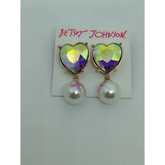 Betsey Johnson Pink Iridescent Heart Faux Pearl Cupid Drop Bling Earrings‎