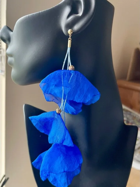 Blue Fabric Petal Drop Earrings with Gold Accents