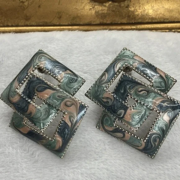 Vtg 80's Enamel Swirl‎ Earrings Square Pink Green Blue Silver Tone Pierced Funky