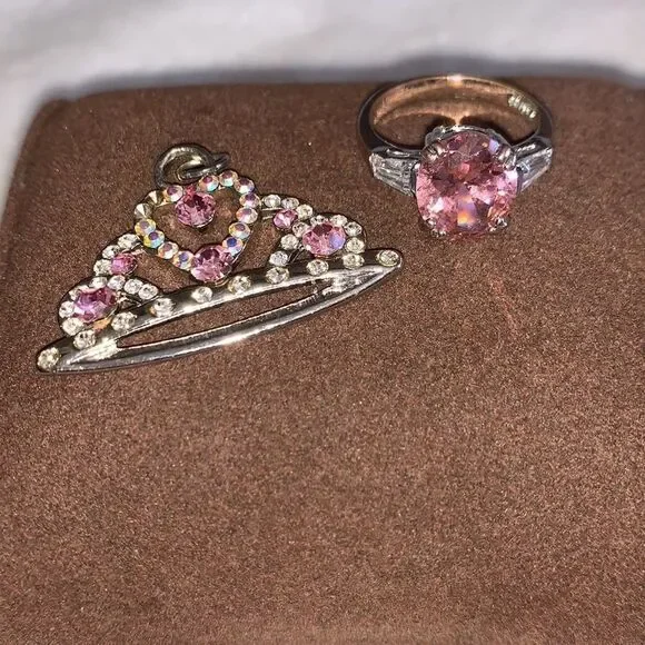 Pretty Princess Crown Necklace Charm and Pink & Silver Ring Combo