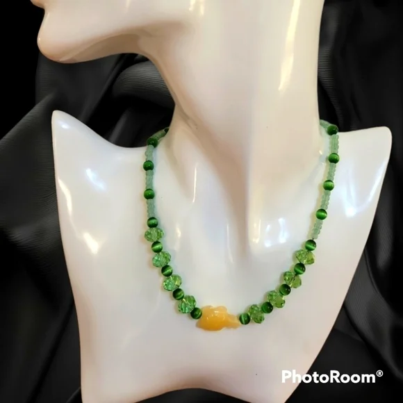 3/$30 HANDMADE Lime Fiber Optic Beaded Turtle Fetish Mermaidcore Necklace