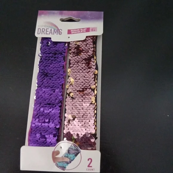 Rainbow Dreams Sequin Slap Bracelets 2 Pack Purple Rose Gold Reversible Sensory