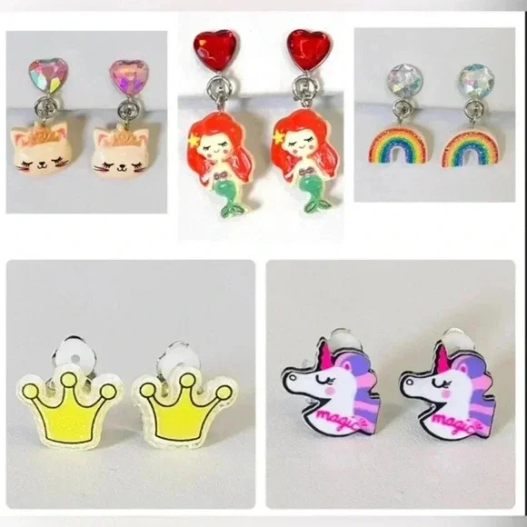 5 Pairs Kids Clip On Earrings Rainbow Unicorn Cat Crown Mermaid