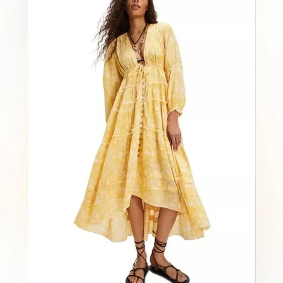 Free People Pappiet Floral Midi Dress Yellow Floral High Low Size XSmall