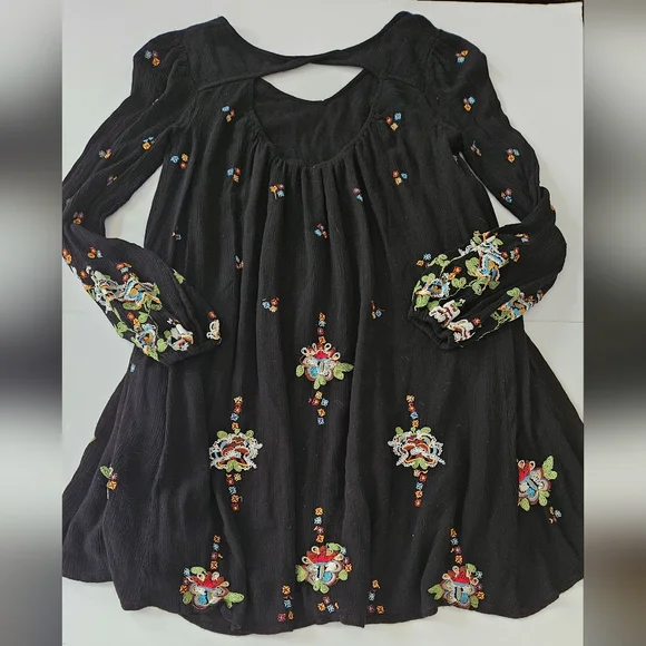 Free People XS Boho Black Oxford W/Embroidered Floral Swing Mini Dress