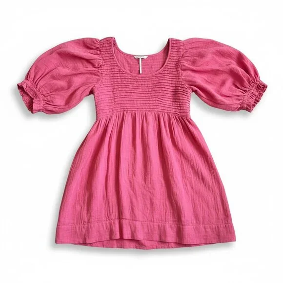 Free People Elsie Mini Dress‎ Pink Cotton Linen Puff Sleeve Babydoll Small