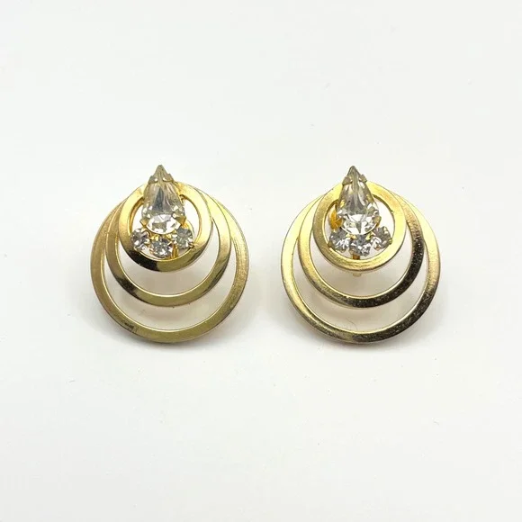 Gold Tone Screw Back Dangle Earrings‎ Crystal Accents
