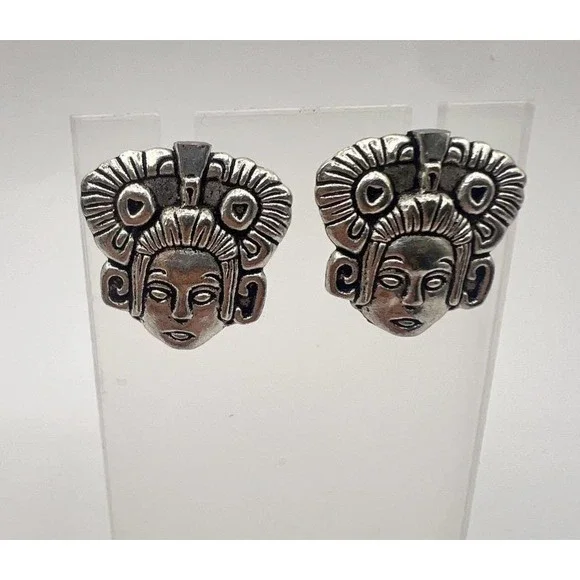 Sculptural Tribal Face Earrings Silver Pierced‎ Posts Statement Bold Ethnic Vibe