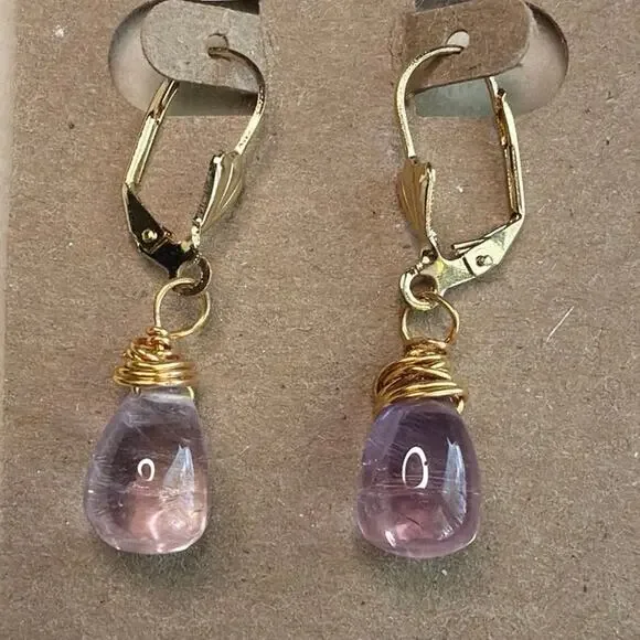 Amethyst Drop Earrings, Wire Wrapped, 18K Gold Plated Lever Back, Artisan
