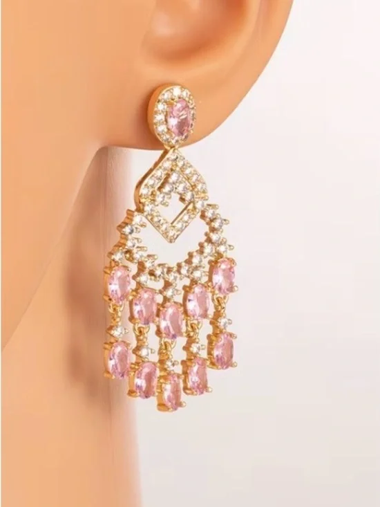 Gold-Tone Pink Crystal Chandelier Earrings