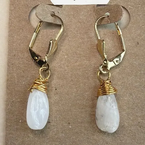 Rainbow Moonstone Drop Earrings, 18K Gold Plated, Wire Wrapped, Artisan, White