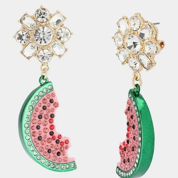 🍉▪️Betsey Johnson▪️ Backyard Watermelon Rhinestone Pink Drop Earrings