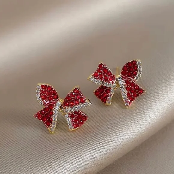 Gold-Plated Red Crystal Bow Stud Earrings