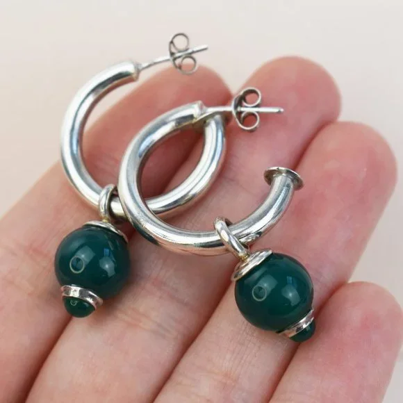 Forest green charm hoop earrings sterling silver, basic medium chunky hoop studs