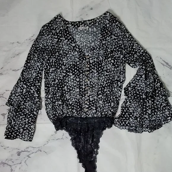 Free People Black and White Ditsy Floral Ruffled Bell Sleeve Bodysuit
