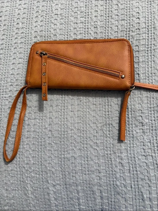 Free People Tan Leather Wristlet Clutch with Exterior Zip Detail