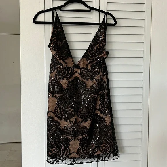 Free People Black Sequin Embellished Brown Mini Dress