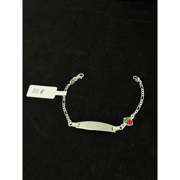 Sterling Silver Kids ID Bracelet 6 Inch Figaro Chain Strawberry Charm 925 4g