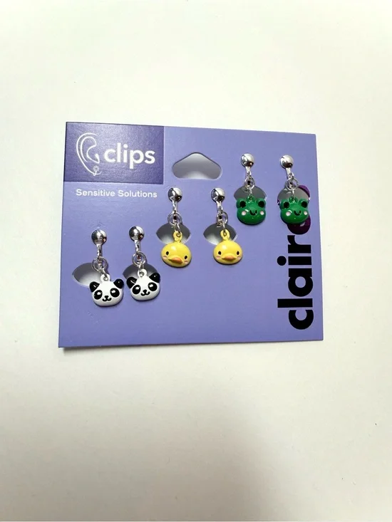 Claire's Cute Animal Clip-On Earring 3 Pair Set - Black, White, Yellow, Green