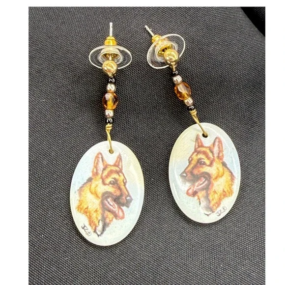 German Shepherd Dog Portrait Drop Earrings Gold Tone Bead Accent Oval Dangle