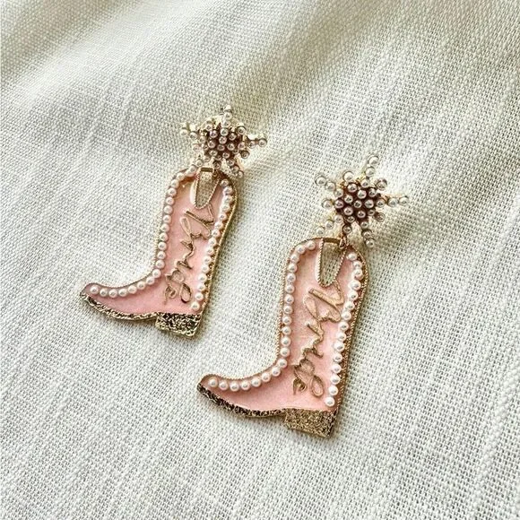 Bridal cowgirl boots with pearl dangle earrings pink - bride earrings