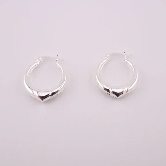 Women's Sterling Silver Heart Hoop Earrings Polished‎ Lightweight Jewelry **