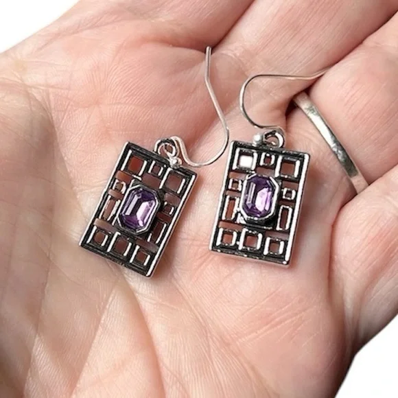 New Silver Amethyst Geometric Dangle Earrings