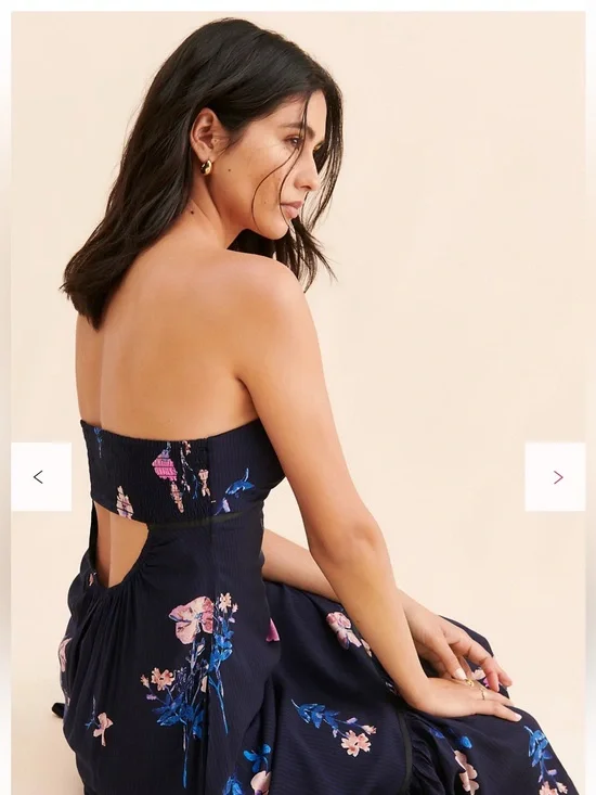 Free People Rosie Posie Navy Floral Strapless Midi Dress Large