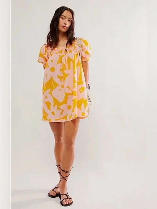 Free People Cotton Puff Sleeve Mila Printed Mini Dress Tangerine Combo Size XS