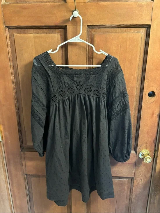 Free People Black Crochet & Eyelet Peasant Blouse