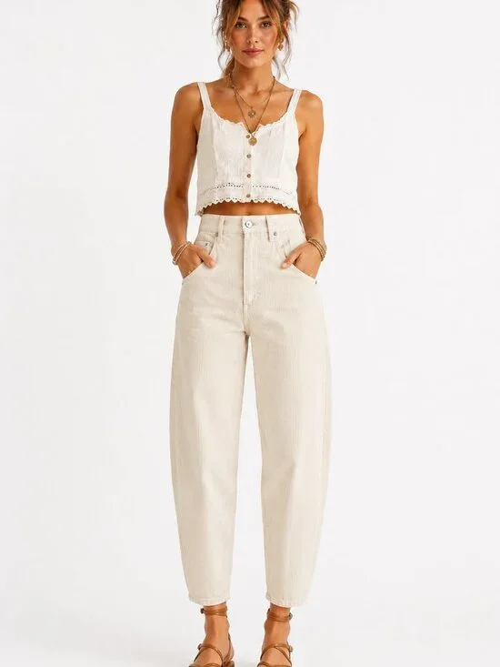 NWT Free People We The Free Sz 28 Corduroy Barrel Jeans High Rise Ivory