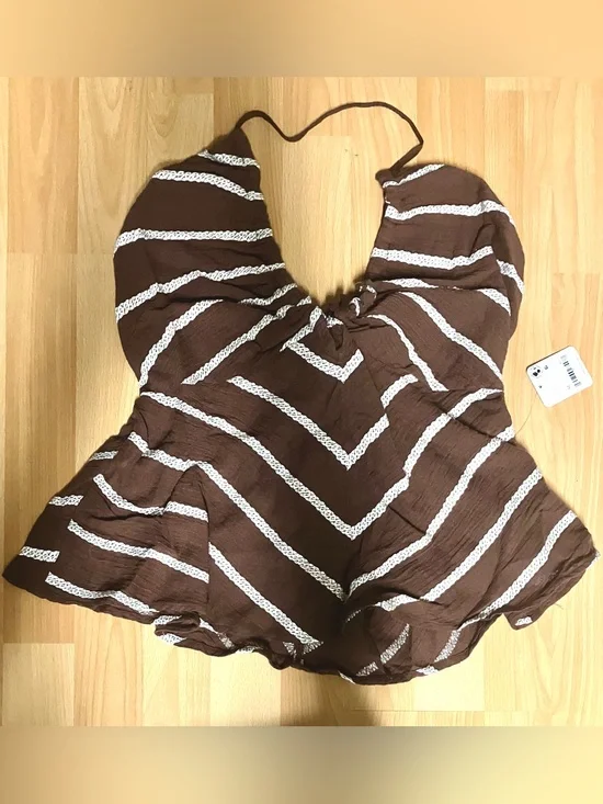 Free People Brown & White Striped Tie-Back Camisole Halter Top: Medium