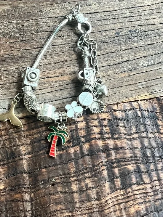 Silver Charm Bracelet with Palm Tree and Shell Charms