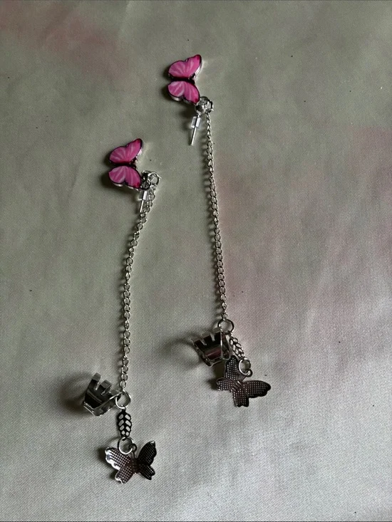 Pink Butterfly Dangle Earrings - Silver Tone