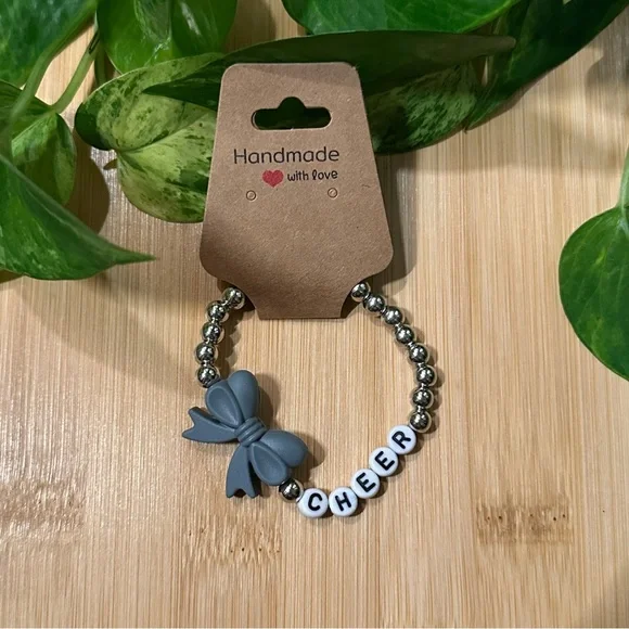 Silver Kids’ Stretchy Beaded Cheer Bracelet | Handmade | Silicone Bow‎ 📣✨