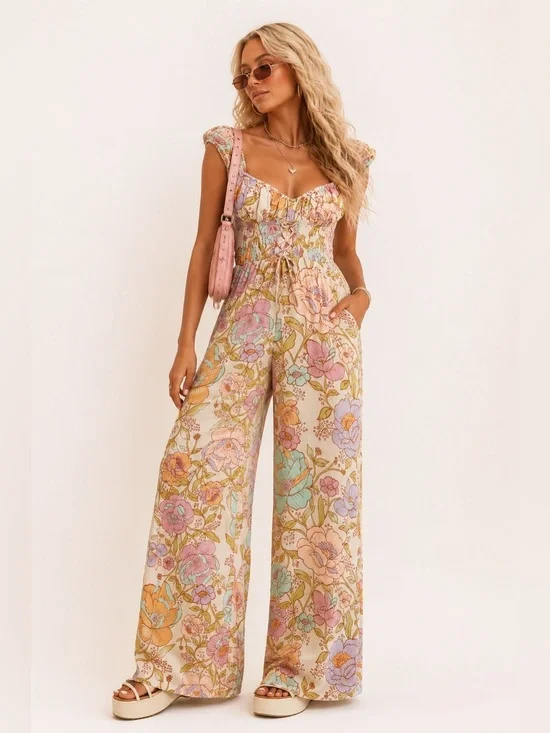 Free People Rolling Hills Jumpsuit Ivory Floral Boho Wide Leg Smocked NWT Size S