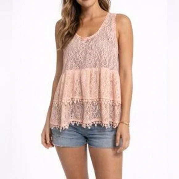 Free People Peach Lace Tiered Babydoll Tank Top Pom Pom Trim Large OB404741