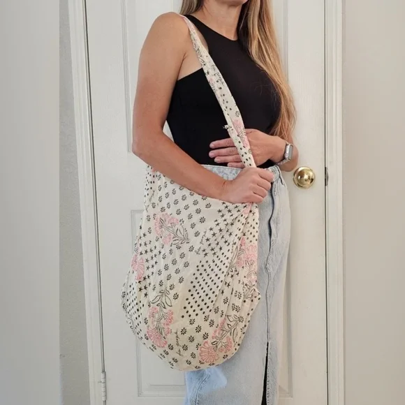 Free People Reusable Shopping Tote Large Pink Flowers Hippie Lightweight Cute