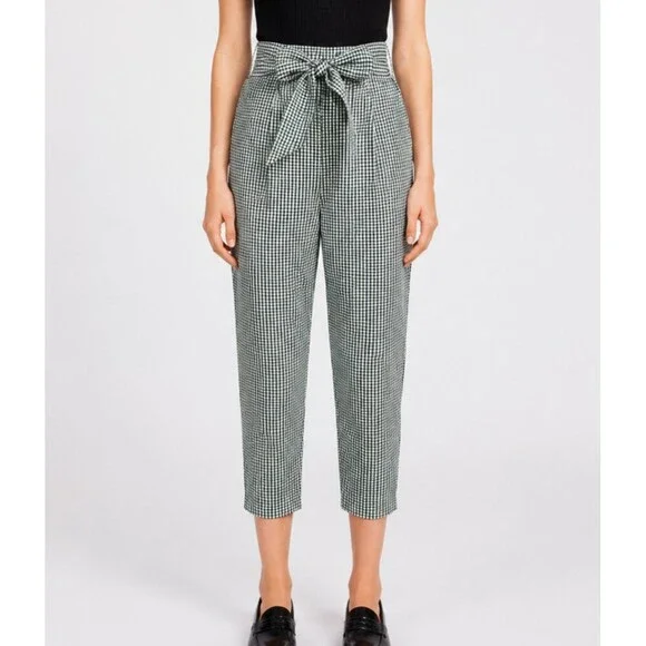 Free People Westside Gingham Seersucker Tie-Waist Pants Black White - Size 2