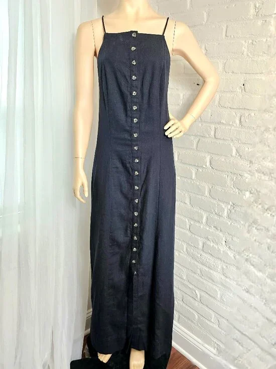 NWT Free People Black Linen Cotton Button Front Maxi Dress Size L Open Back Smoc