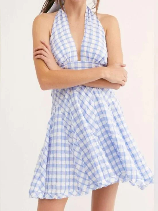 NWT Free People Do The Twist Gingham Halter Mini Dress Blue Size 0