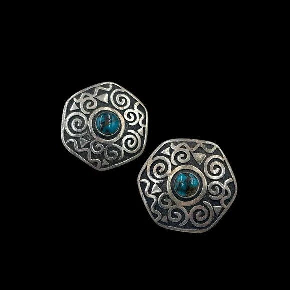 Vintage AF Sterling Silver Turquoise Southwestern Santa Fe Artisan‎ Earrings