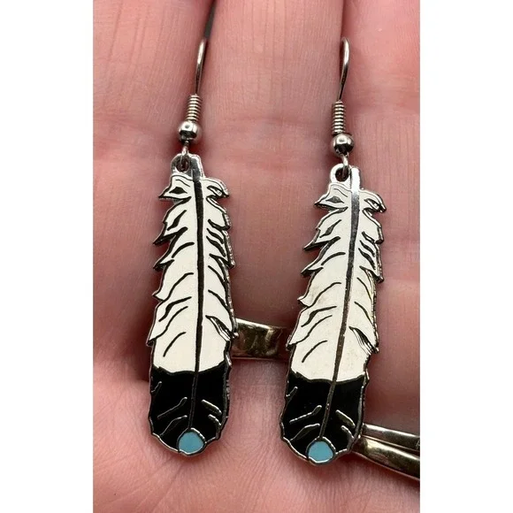 Heidi Mitchell Design Silver Tone Enamel Feather Dangle Earrings Southwest Style